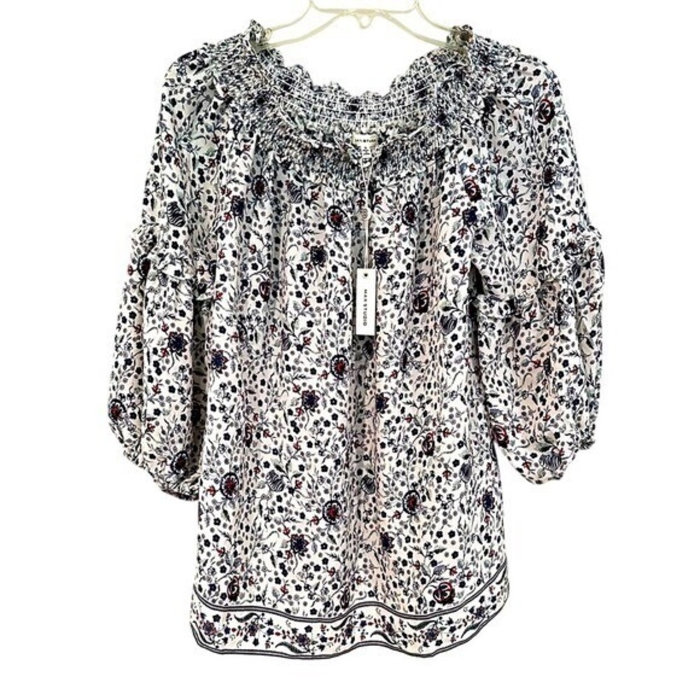 Max Studio Floral Off Shoulder Peasant Blouse‎ Women's Small White Blue Casual